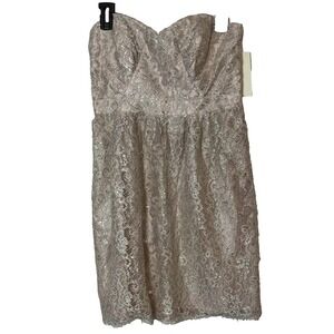 Shoshanna Mini Cocktail Dress Womens 6 Silver Metallic Strapless Lace Floral NEW